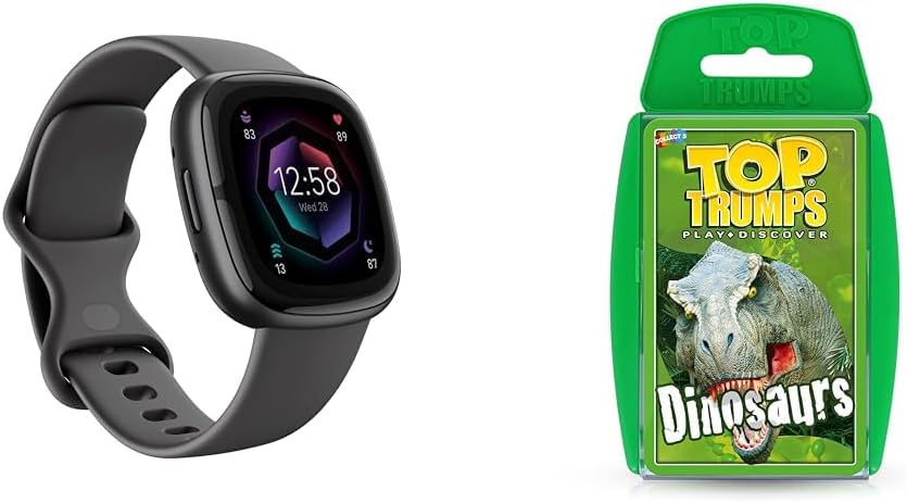 Sense 2 Health and Fitness Smartwatch with built-in GPS, advanced health features & Top Trumps Dinosaurs Classics Card Game, Discover interesting facts in this educational packed game
