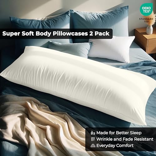 Image of Royale Linens Body Pillow Cover - Double Brushed 1800 Microfiber - 20 inchx54 inch with Hidden Zipper Closure - Wrinkle & Fade Resistant - Super Soft Body Pillowcase 2 Pack (Ivory, Pack of 2)