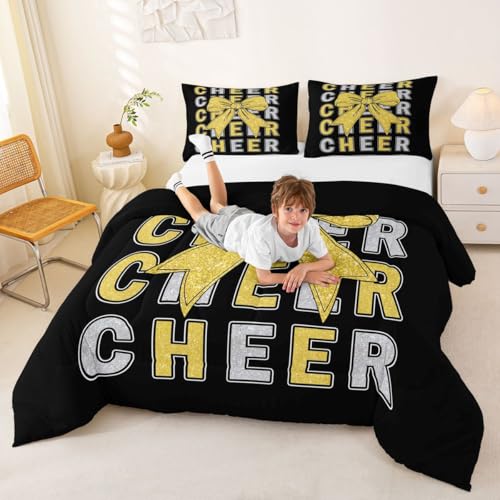 Image of Feelyou Cheer Bow Bedding Set Soft for Boys Girls, Glitter Cheerleader Comforter Set Twin Size Cheerleading Duvet Quilt Microfiber Sport Bedroom Decor 2 Pcs with 1 Pillow Cases