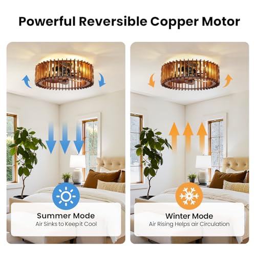 Image of 20 inch Flush Mount Ceiling Fan with Light, Wooden Caged Low Profile Fandelier with Remote, 6-Speed Reversible Bladeless Fan, Farmhouse Ceiling Fan for Bedroom, Kitchen, Living Room