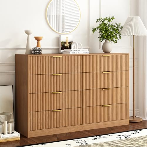 Sscaktu 8 Drawer Dresser for Bedroom, Modern Fluted Double Dresser, 55\" Wide Chest of Dressers, Mid Century Wooden Beside Table for Closet, Living Room and Entryway, Natural