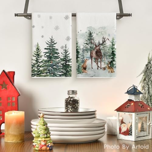 Artoid Mode Aquarell Rentier Bäume Schneeflocken Weihnachten Küchentücher Geschirrtücher, 42x65 cm Winter Christmas Deko Polyester Handtücher 2er Set