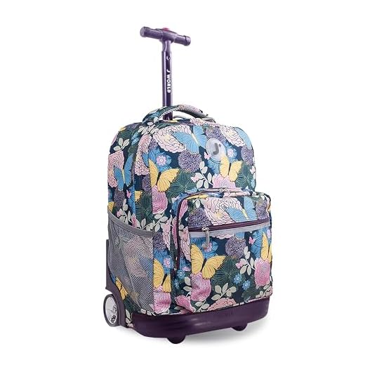J World New York Sunrise Rolling Backpack, Secret Garden, 18"
