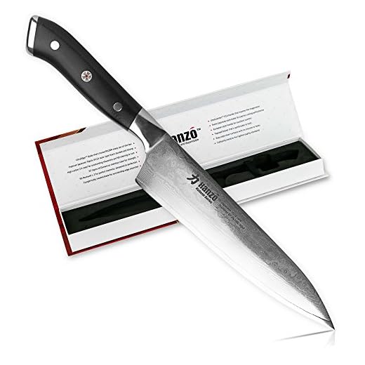 Hanzo Chef Knife Professional Knives - 8 inch Katana Series - Full Length VG-10 Japanese Steel Tang - G10 Military Grade Custom Contoured Handle - Superior Edge Retention and Handling