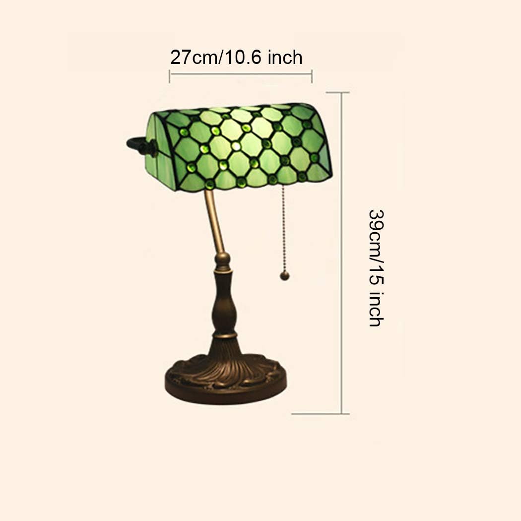 Bankers Lamp 10 Inches Tiffany Style Stained Glass Banker Desk Lamp Table Lamp for Bedroom, Beside,Office, Zinc Alloy Base,Pull Cord Switch,Green