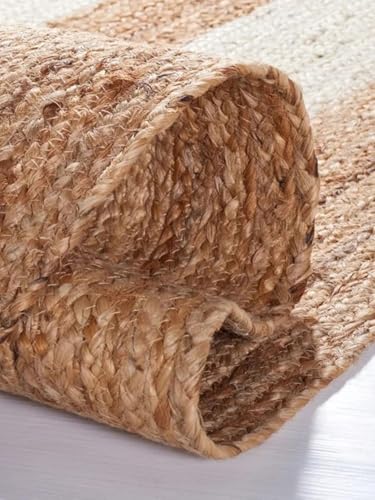 Image of Handmade Natural Jute Cotton Natural Fibers Floor /Door Mat Rugs Furnish Decor Striped Rectangular Design Carpet for Bedroom Living Room (JUTE0010, 2x3-Runner)