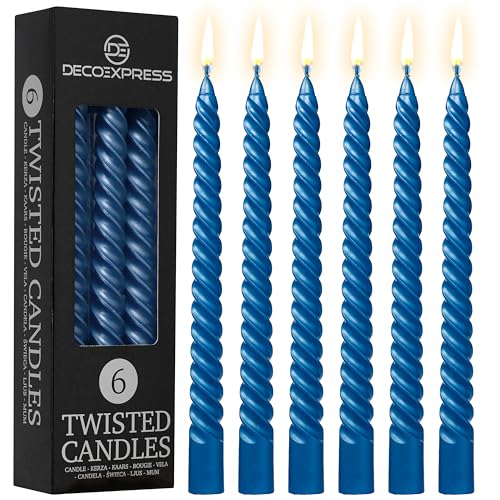 DECO EXPRESS Dinner Candles, Pack of 3 or 6 Twisted Non Drip Spiral Candles, 6 Hours Burn Time Coloured & Non Scented, Mother’s Day & Dinner Decor Idea (Metallic Blue, Pack of 6)