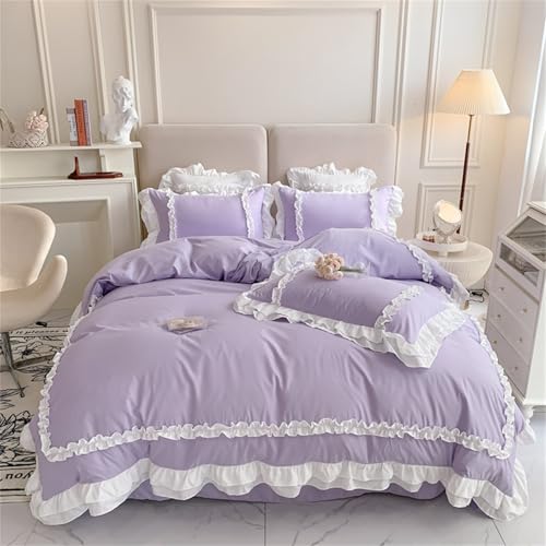 Chic Lace Bedding,Girls Twin Aesthetic Comforter Cover Set,Cute Princess Style Ruffled Duvet Cover with 2 Layers Ruffles, Zipper Closure-Purple,Twin