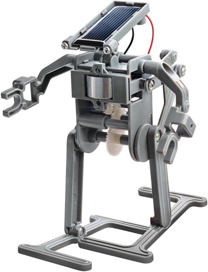 Side view of the fully assembled 4M Green Science Solar Robot, highlighting the solar panel and gear mechanism.