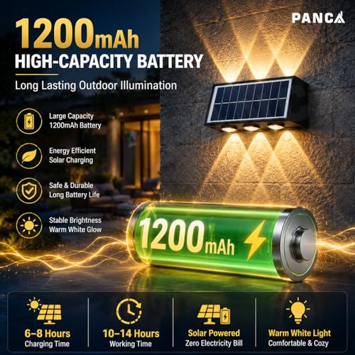 Image of PANCA 6W Solar Wall Lights Outdoor Waterproof IP65, Warm White Up Down LED Wall Lamp with 1200mAh Battery, Auto On /Off Dusk to Dawn Solar Light for Garden Fence Gate Patio Balcony Pathway