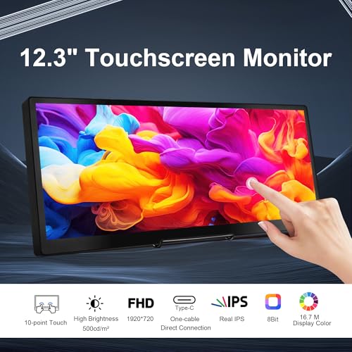 Image of wisecoco 12.3 Inch Touch Screen Monitor IPS 1920x720 Stretched Bar LCD CNC Shell Mini Secondary Screen Portable Display HDMI for Laptop PC Temperature Aida64 GPU CPU RAM Monitoring