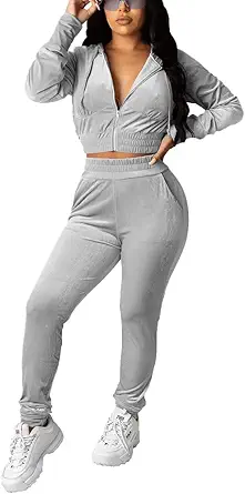 PINSV 2 Piece Outfits Velour Tracksuit For Women Zip Up Hoodie Velvet Jogging Sweatsuit Workout Sets