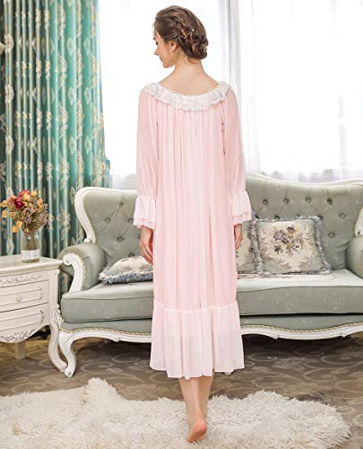 Feelmestyle Women's Long-Sleeve Mesh Nightdress Princess Vintage Nightgown Lace Sleepwear Pajamas Pink #TOP2