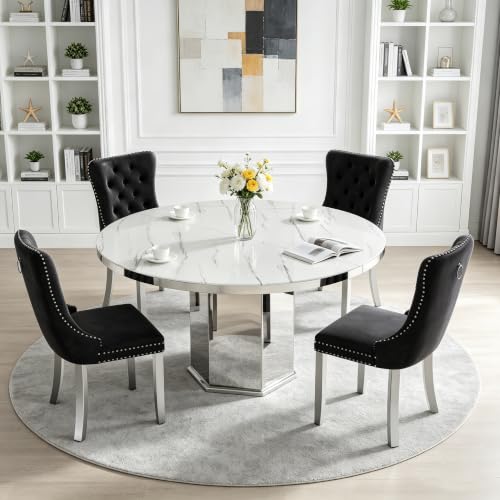 Image of 47 inch-63 inch Extendable Dining Table for 4 6, Modern White Expandable Kitchen Table, Round to Oval Dining Room Table with Mirrored Pedestal for Dining Kitchen Living Room