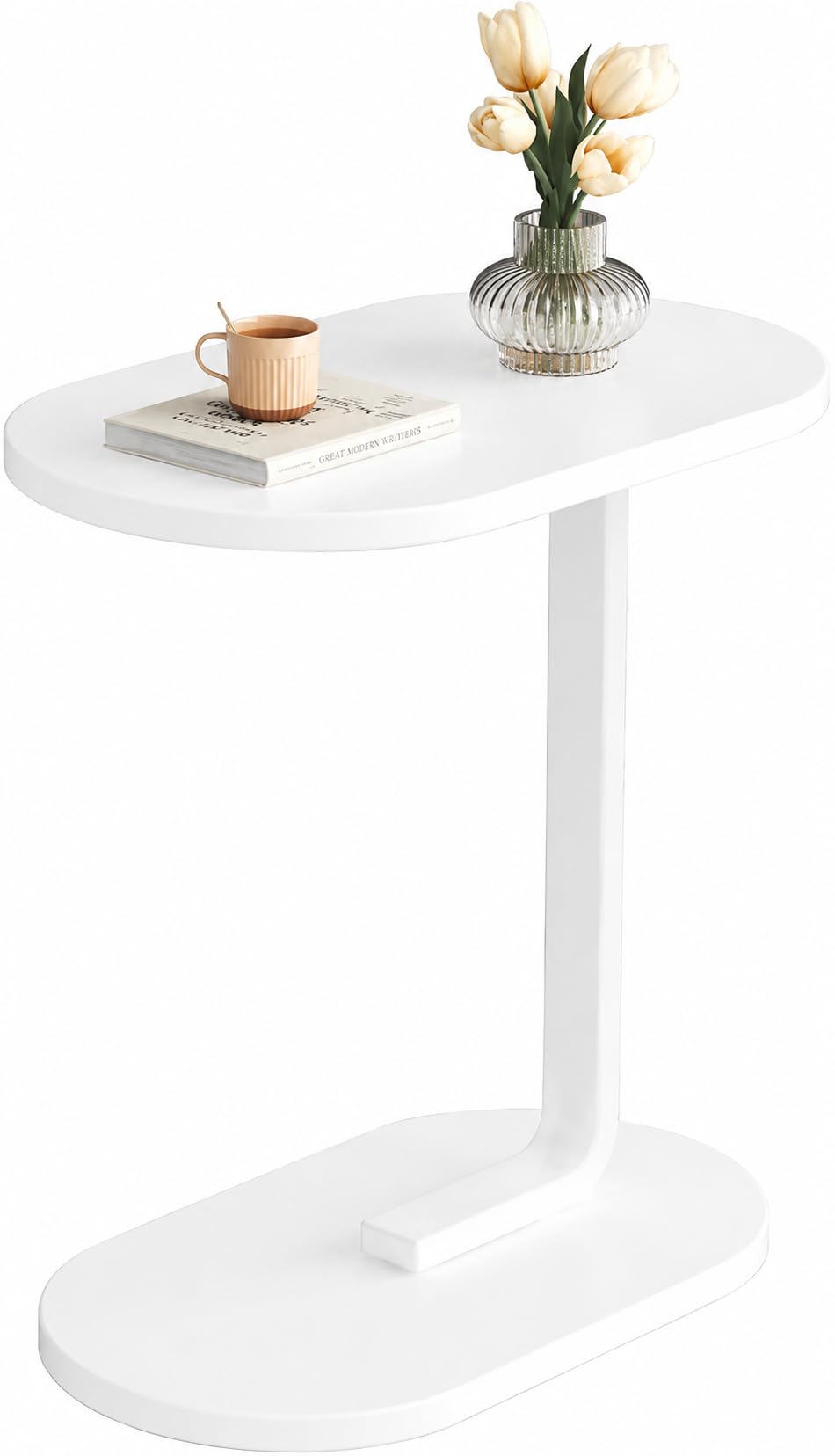 Kinhomii C Shaped End Table Narrow Side Table, Small Modern Sofa Side Table, Slim Coffee Snack Couch Table Nightstand for Living Room, Bedroom, Office, Dorm (White)