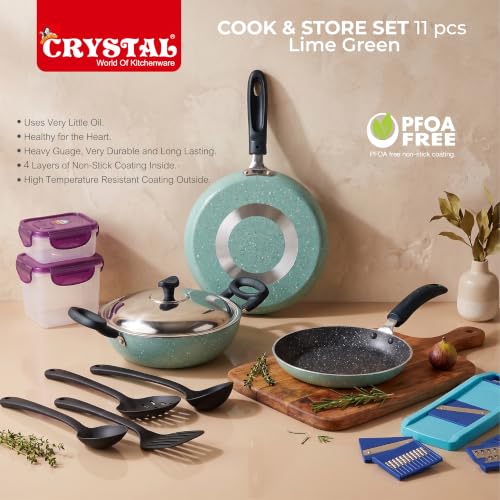 Image of Crystal 11 Pcs Non Stick Cookware Set with Storage Containers | Gas Stove Friendly | Tawa, Fry Pan, Kadhai with Lid, 4 Serving Spoons, 2 Containers & Grater Set | PFOA Free Coating