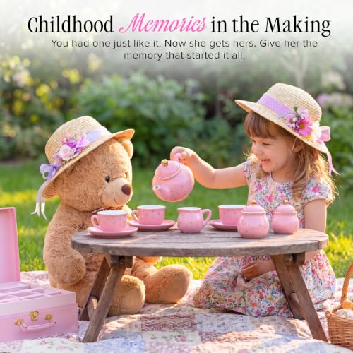 Image of Giggle & Honey Tea Party Set for Little Girls, Pink Gold Polka Dot Porcelain Kids Tea Set with Carry Case, Teapot Cups & Saucers, Princess Pretend Play Birthday Gift for Girls Ages 3, 4, 5, 6, 7, 8