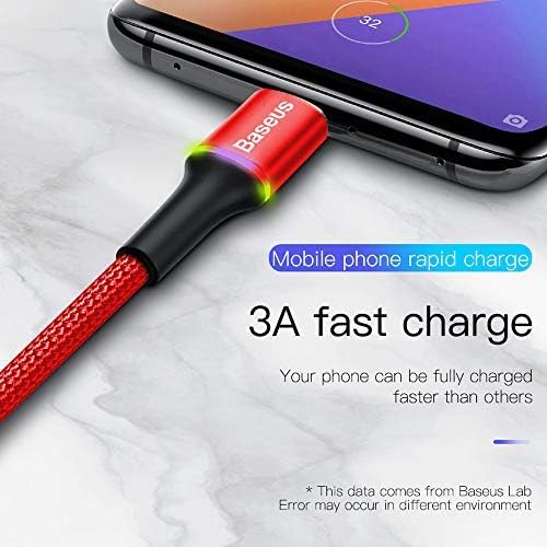 Baseus USB Type C Cable, Fast Charger 1.6FT USB-C Cable, Nylon Braided USB-A to Type-C LED Charging Cord for Samsung Galaxy S20 S10 S9 S8 Plus, Note 10 9 8, Redmi Note 8/7, Huawei, LG, NS, Red