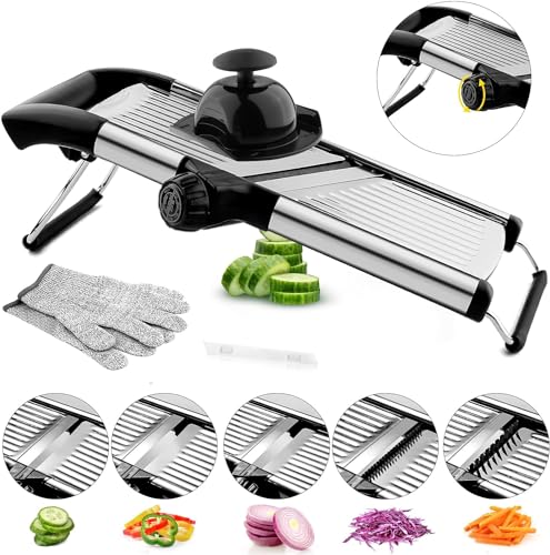 Mandolinenschneider, Gemüsehobel für Küche, Mandoline, Kartoffelhobel, Gemüseschneider, verstellbarer Edelstahl, Gemüse, Zwiebeln, Tomaten, Julienne-Schneider mit schnittfesten Handschuhen (Silber)