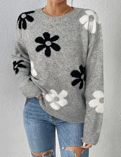 Womens Oversized Cute Flower Sweater Fall 2025 Trendy Vintage Y2k Floral Knit Crewneck Long Sleeve Pullover Tops4
