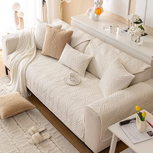 Vctops Super Soft Velvet Quilted Sofa Couch Covers Non-Slip Sectional Couch Cover Leaf Pattern Plush Sofa Slipcover Furniture Protector For Pets Kids Children Dog Cat (Cream,43"X82") #TOP3