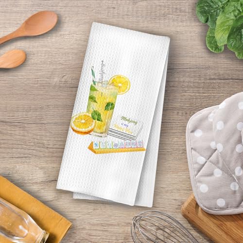Image of Mahjong Mojito Kitchen Towels - Lemon Mahjong Mojito Gifts Decorative Waffle Dish Towels, Lemon Themed Hand Towel, Alcohol Gifts Tea Towel for Bar Cart Kitchen, 16x24 Inch