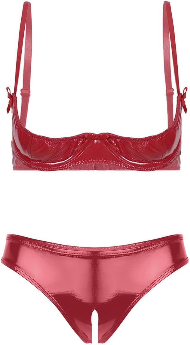 Womens Glossy Leather Crotchless Set Underwear Adjustable Straps Underwired Bra with Open Crotch Briefs