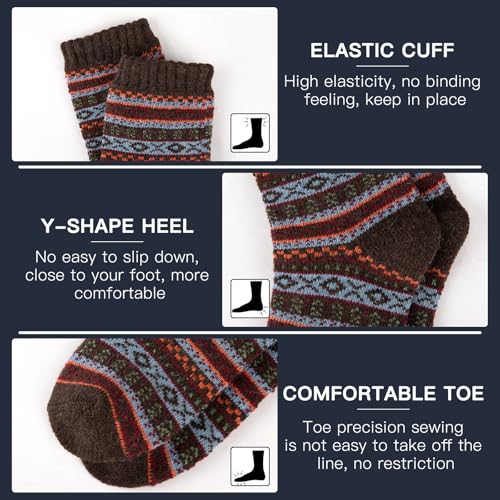 COOPLUS Warm Wool Socks Mens Winter Thermal Thick Crew Cold Weather Pattern Socks (5 Pairs)4