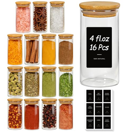 Image of ComSaf Glass Spice Jars 4oz 16 Pack, Small Seasoning Containers with labels