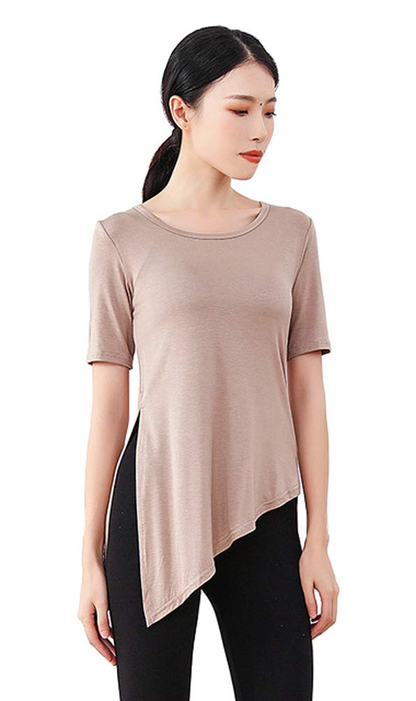 Angcoco Women's Khaki-Shortsleeve Slit Irregular Hem Latin Dance Top Salsa Dancing Dress Ballroom Dance Shirt