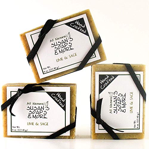 Natural Lime & Sage Handmade Soap Bars for Men, 3 pack Cold Processed Soap Set, 4oz. bars for Bath & Body, Vegan with Essential Oils