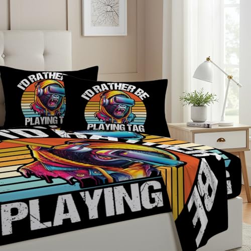 Allenjoy Full Size Vr Gorilla Game Fitted Sheet Chasing Gorillas Bed Flat Sheets Bedding Set Deep Pockets Up to 16 Bedroom Decor with 2 Pillowcases SC00305-009