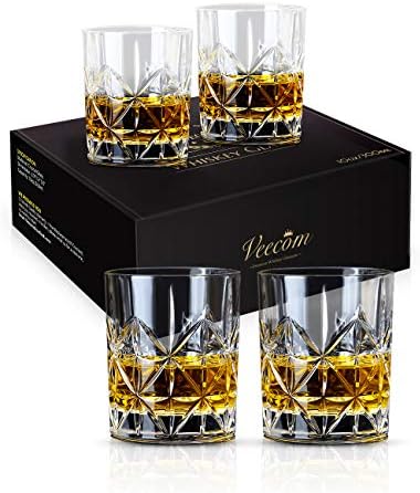 veecom Whiskey Glass, Whisky Glasses Set of 4, 315ml Old Fashioned Whiskey Glasses for Men, Classic Rum Glass Tumblers for Cocktails, Personalised Whiskey Glass Gifts for Dad, Father's Day