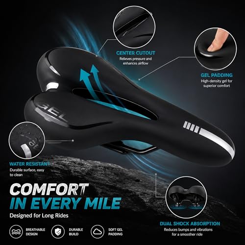 Image of FCC Racing Gel Bicycle Saddle Seat Comfortable Soft Bike Saddle for Men & Women | Shock Absorbing, Waterproof & Breathable Gel Padded Seat for MTB, Road, Hybrid & Exercise Bikes