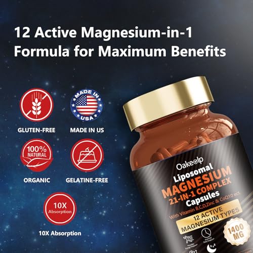 Image of 21 in 1 Liposomal 12 Active Types Magnesium Complex 1400mg (Glycinate,Citrate,Malate etc) Capsule -with Vitamin D3, B6, B12, Ashwagandha & CoQ10 for Adult-Support Relaxation,Muscle & Heart