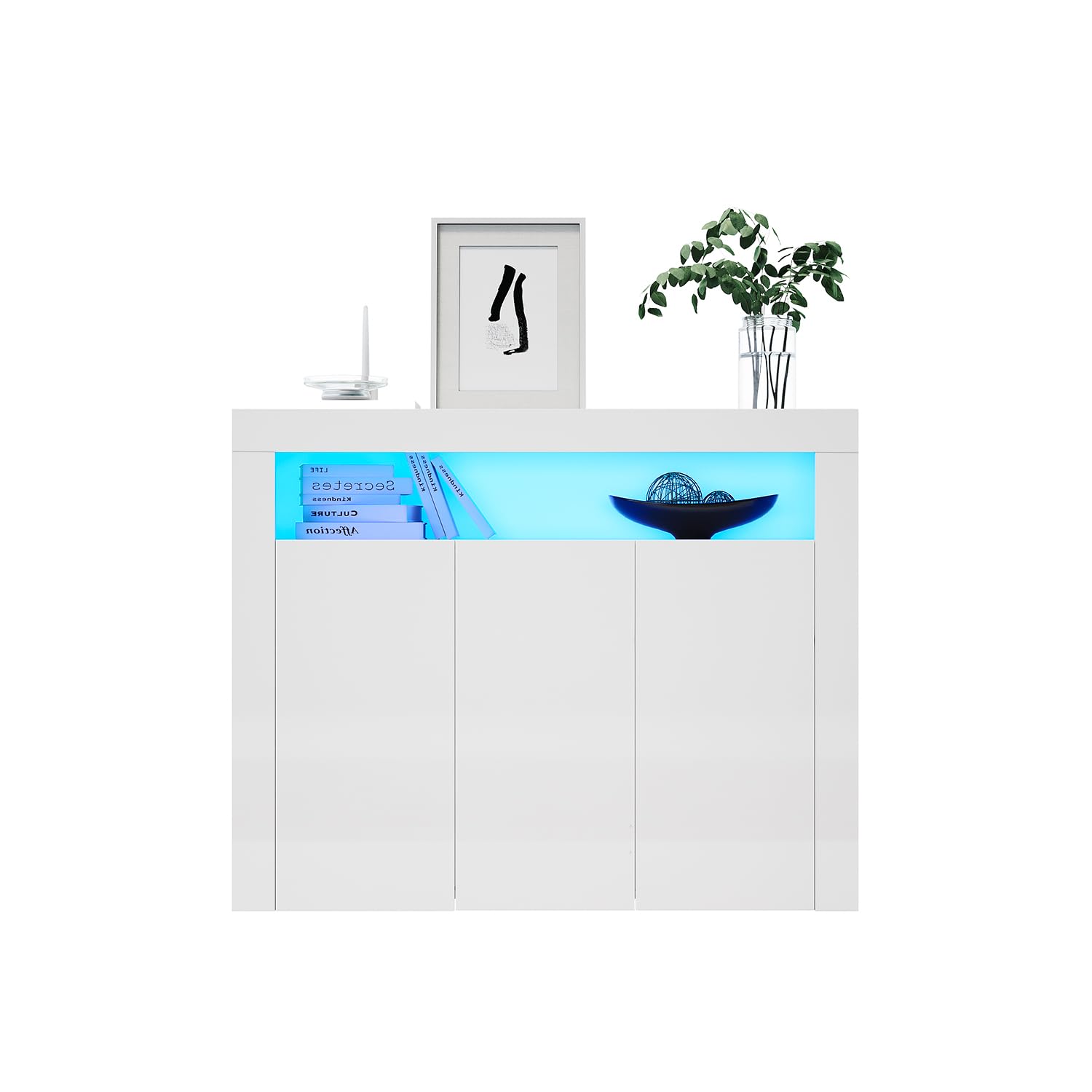 SONNI Groß Sideboard Kommode mit 3 Hochglanz Türen, LED, 116x35x93cm, Weiß | Wohnzimmermöbel, Wohnzimmerschrank, Standschrank, 16 Farben RGB-Funktion mit 4 Grundfarben und 12 Verläufen für Wohnzimmer