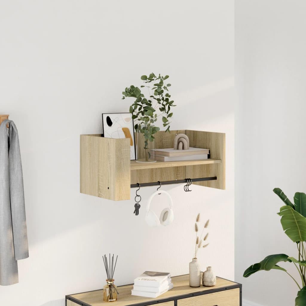 Estantería de pared de roble Sonoma, 70,5 x 35 x 30,5 cm, material de madera, estantería flotante para baño con barra colgante, ahorro de espacio para dormitorio