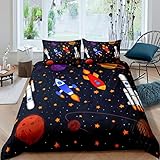 Loussiesd Juego de Funda de edredón de Cohete Espacial,de Estrellas, Color Amarillo, Dibujos Animados, Planetas, Funda de edredón Ultra Suave, Espacio Exterior, de Aventura, Colcha Doble Cremallera