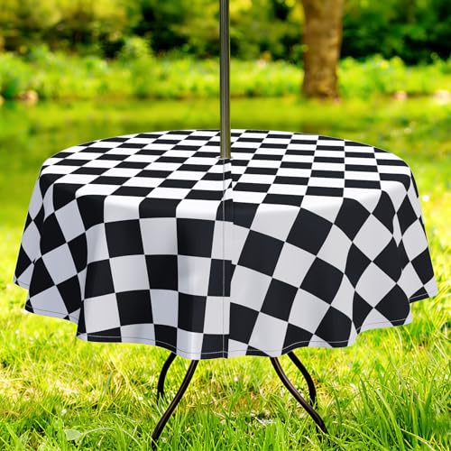 qchdln 60"X60" Plaid Outdoor Round Tablecloth with Umbrella Hole Water Resistant Fabric Zipper Table Cloths for Outdoor Garden Patio Decorations