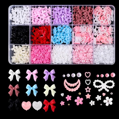 3D Nail Charms,1000PCS Colorful Heart Bow Pearl Nail Art Charms Flower Nail Gems with Gold Silver Caviar Beads,Rhinestones Nail Art Decorations for Women Girls Manicure Design DIY Craft
