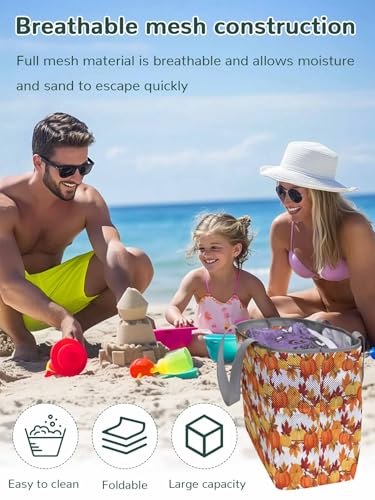 Mesh Beach Bag Oversized Tote Bags for Women Thanksgiving Pumpkin Fall Orange Maple Leaf Large Travel Pool Bags2