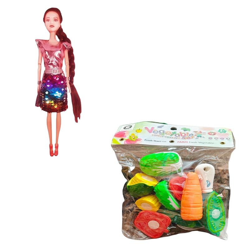 AKTOON TOYS (Combo Pack) Vegetables Cutting Play Toy Set Can Be Sliced in 2 Pieces Rattle & Stylish Long Hair Set Doll and New Angel Doll Set for Kids - Multicolor