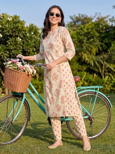Image of INDO ERA Women Pure Cotton Printed Straight Kurta Set with Palazzo Pants - Ethnic Wear | Cord Set For Women Cotton