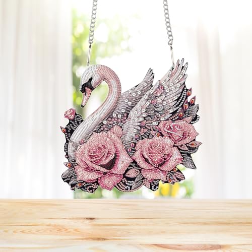 Image of AiYuanzsh Large Acrylic Diamond Art Hanging Kits for Adults, 5D Diamond Painting Suncatchers Kit Rose Swan DIY Diamond Crystal Window Door Pendant Kit for Gift Wall Home Christmas Decor (24.2x23 cm)