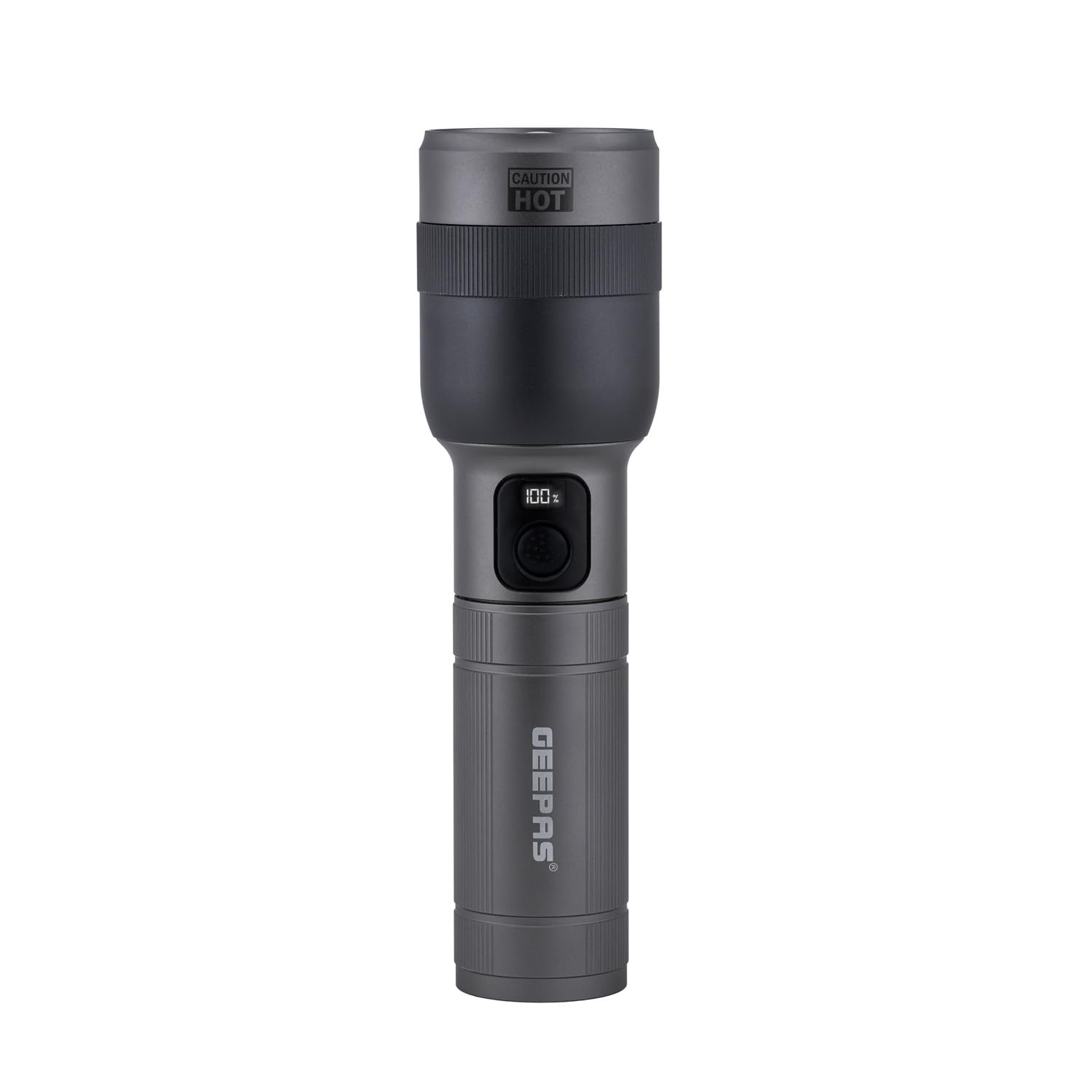 Geepas Dark Grey Zoomable Led Digital Flashlight | 3000 Lumen Super Bright Powerful 10000Mah Type-C Rechargeable | 12H Runtime 6 Modes | Waterproof Pocket Size Torch For Power Cuts Emergency Camping Hiking 60W
