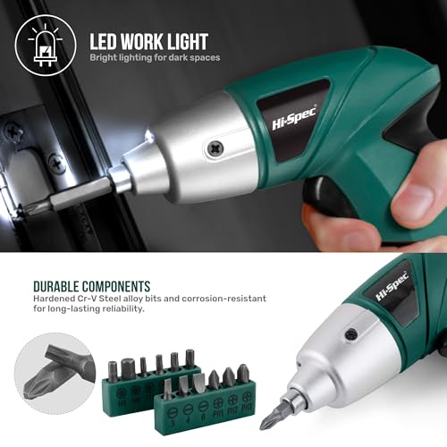 Image of Hi-Spec Cordless Electric Screwdriver, Power Screw Driver Set with Pink Compact Tool Kit for Small Repair and Maintenance- Ideal Housewarming Gift,19 Piece (Green)