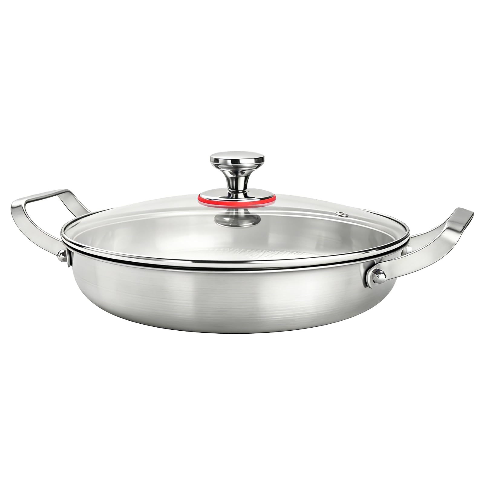 Padella in acciaio inox martellato titanio 32 Cm, Padella a tre strati induzione, senza rivestimento antiaderente naturale, friggere saltare stufare a vapore, coperchio vetro 2 maniglie