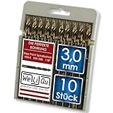 WELIQU 10 Stück HSS-E Kobalt Step Point Spiralbohrer Ø 3,0 mm, geschliffene, selbstzentrierende Metallbohrer, 118° für Stahl, Edelstahl, Aluminium, Messing, Bronze, Gusseisen, Hartholz, Kunststoff