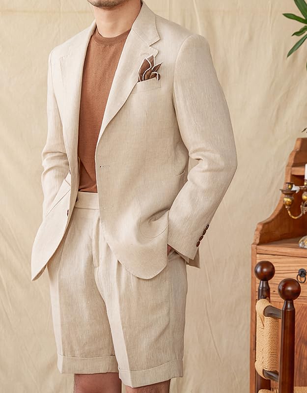 2 Piece Linen Suits for Men Casual Tuxedo Summer Beach Wedding Suit Groomsmen Prom Blazer Jacket Shorts Set2