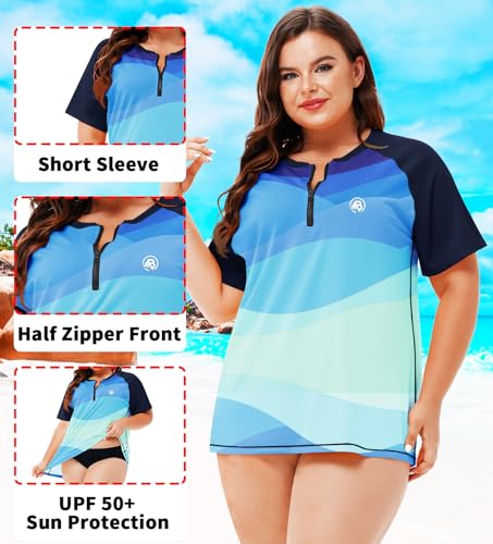 Image of AOBUTE Women Plus Size Rash Guard Zipper Short Sleeve SPF Swim Shirts
